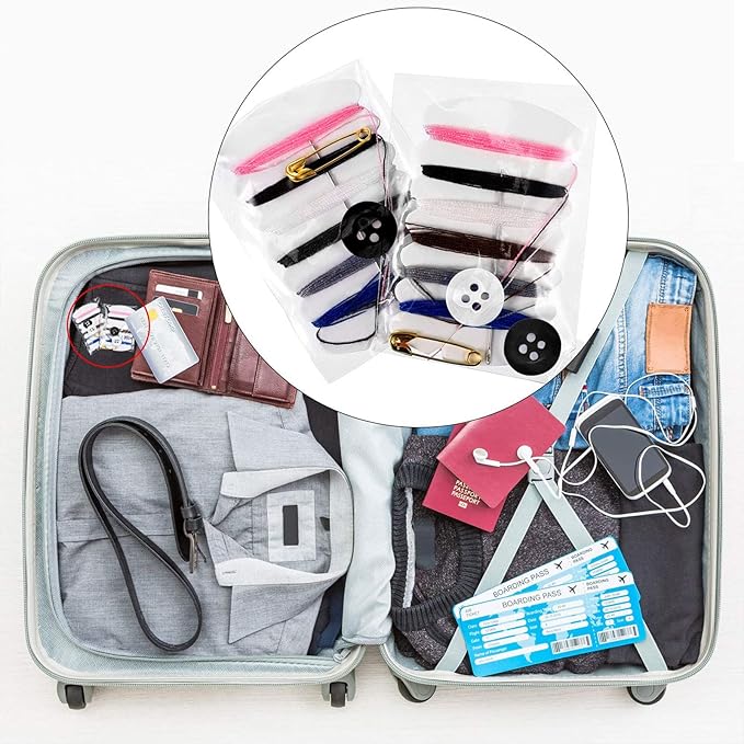 Tatuo Travel Sewing Kits Thread Repair Kit with Needles, Threads, Button, Pin for Hotel Amenities Necessities, 6 Colors (100 Sets)