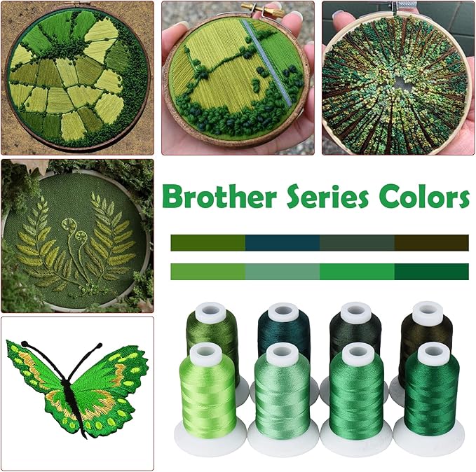 Simthread Green Embroidery Thread – 8 Shades Compatible with Brother Colors, 550 Yards Each, 40WT Polyester, for Brother, Babylock, Janome, Singer & Other Machines