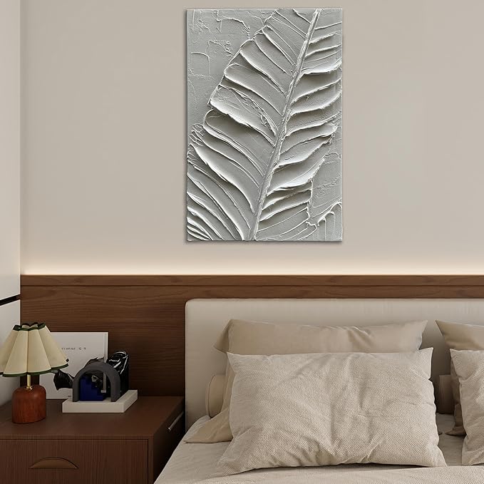 Art Hand-Painted Modern Minimalist Abstract Art Featuring White Leaf Texture - Oil Painting for Home Office Corridor Wall Decoration. 36x24 inches