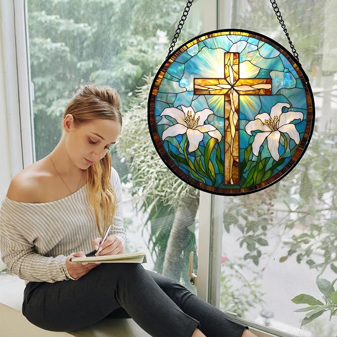 Christian Gifts for Women - Cross Stained Glass Window Hanging Jesus Easter White Lily Flower Sun Catcher Garden Religion Decor Mother's Day Catholic Gift for Men Grandma Mom Her Nana 6.3"