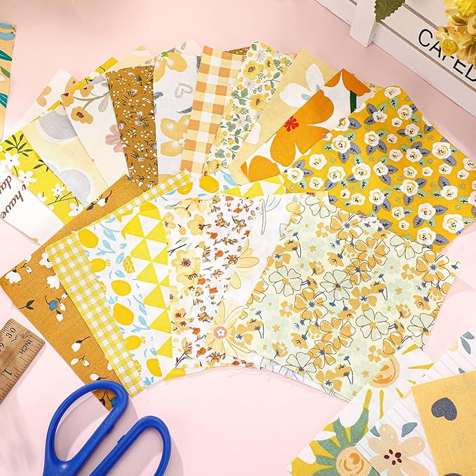Kinlop 600 Pcs 4 x 4 Inch Cotton Fabric Square Precut Quilting Squares Printed Floral Patchwork Fabric Bundles for DIY Craft Sewing Clothing Accessory(Yellow)