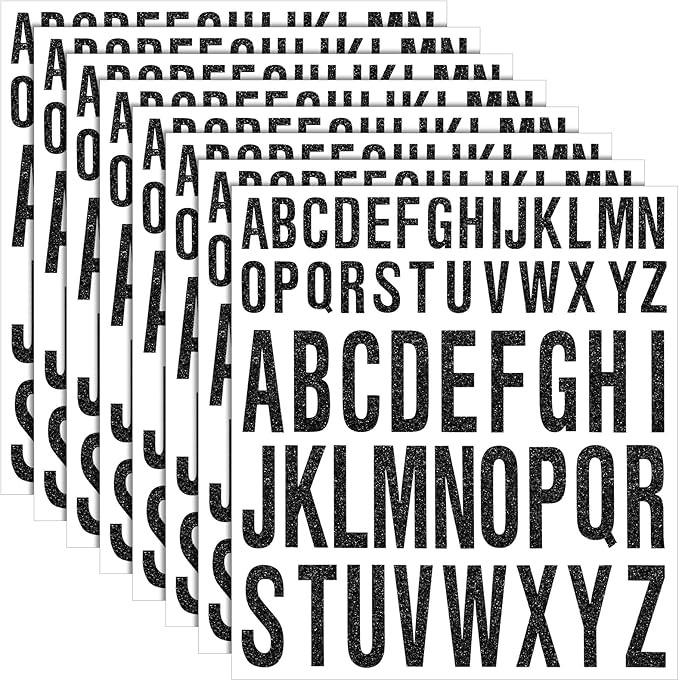 8 Sheet Glitter Letter Stickers Vinyl Alphabet Stickers Waterproof Self Adhesive Stick on Letters for Poster Bulletin Board Mailbox School Classrooms Decor(1 Inch, 2 Inch,Black)