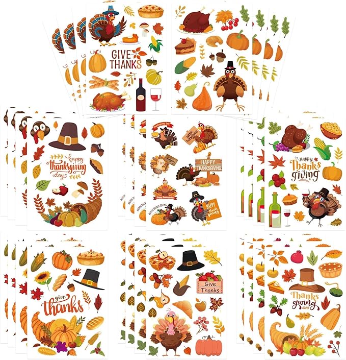 32 Sheets Thanksgiving Stickers, Fall Autumn Sticker Turkey Fall Harvest Food Pumpkin Maple Leaves Stickers, Thanksgiving Party Favors Supplies
