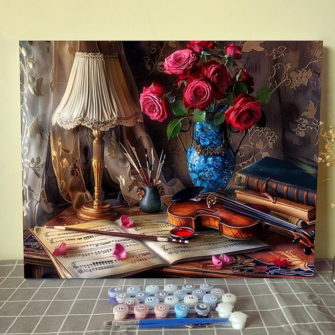 Paint by Numbers Kits Retro European Style DIY Oil Painting Kits on Canvas with Paint Brushes and Acrylic Pigment Flower Violin Book 16x20 Inch Paint by Number for Adults Home Wall Decor(Manual Frame)