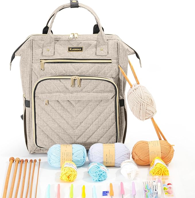 Knitting Bag Backpack, Crochet Bag Tote, Yarn Organizer with USB Charging Port, Christmas Gifts Large Travel Knit Storage Tote for Crochet Hooks, Knitting Needles, Yarn Supplies, Beige