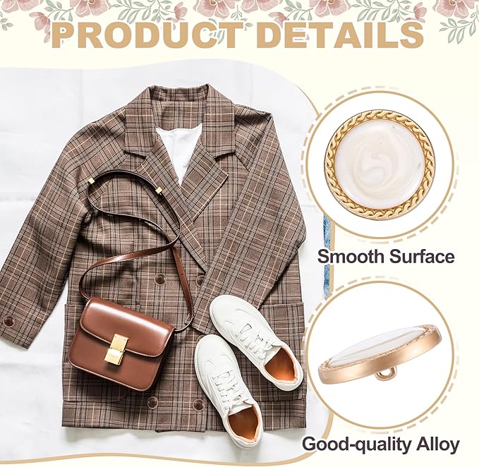 MECCANIXITY Metal Vintage Gold Button 25mm Round Metal Sewing Button Alloy Shank Replacement for Women's Suit Woolen Coat Shirt Dress Sewing White Pack of 10