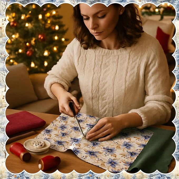 Oudain 60 Pcs 10 x 10 Inch Blue Gold Quilting Fabric Squares Vintage Christmas Fat Patchwork Precut Strips Poinsettias Fabric Bundles for Xmas DIY Craft Sewing Handmade Materials