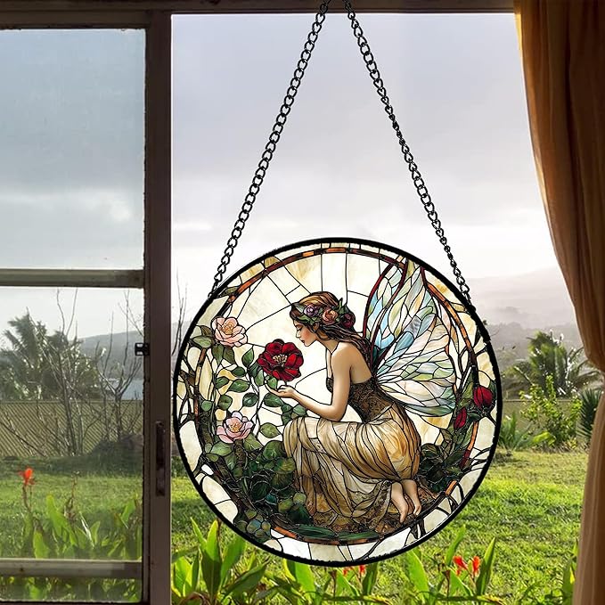 Stained Glass Window Hanging - Butterfly Flower Fairy Suncatcher for Door Terrace Garden Home Decor Yellow Green Plants Sun Catcher Birthday Gifts for Lovers Women Men Dad Mom Nana 7.8 in