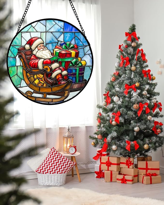 Stained Glass Window Hanging - Santa Claus Gift BoxSuncatcher for Doors Home Christmas Decoration Winter Sun Catcher Thanksgiving New Year Birthday Gift for Women Men Mom Nana 9.8 in