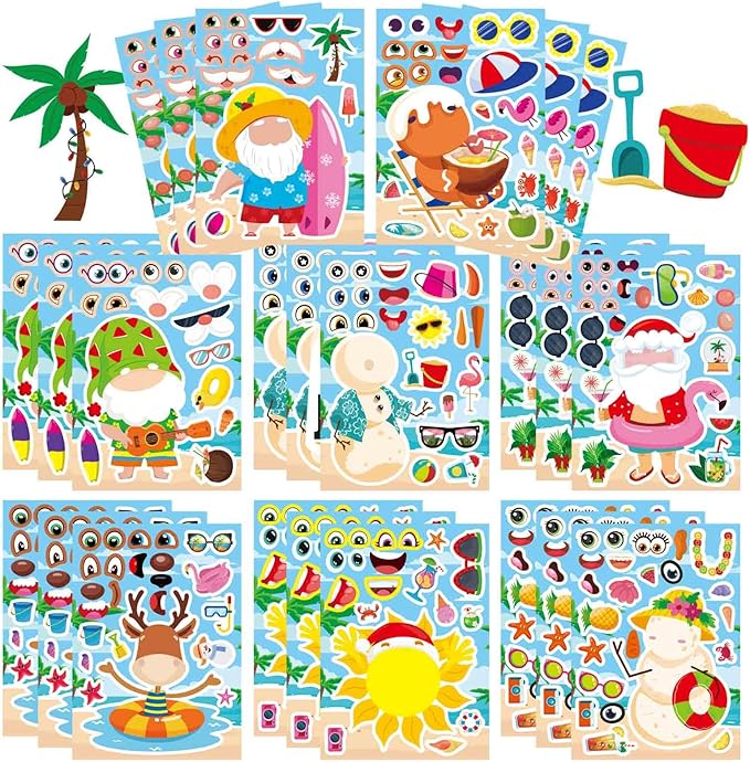 24 PCS Hawaiian Tropical Summer Stickers for Kids, July Christmas Stickers, Make Your Own Mix and Match Sticker with Santa Claus, Reindeer, Gingerbread Man and Snowman, Summer Holiday Party Favor