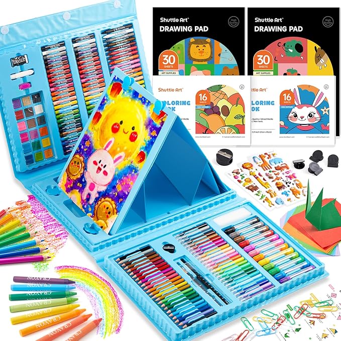 Shuttle Art 335 Piece Kids Art Set, Multi-Media Art Supplies, Gift Art Kit with Trifold Easel, 2 Drawing Pads, 2 Coloring Books, Oil Pastels, Crayons, Watercolors, Markers, Colored Pencils (Blue)