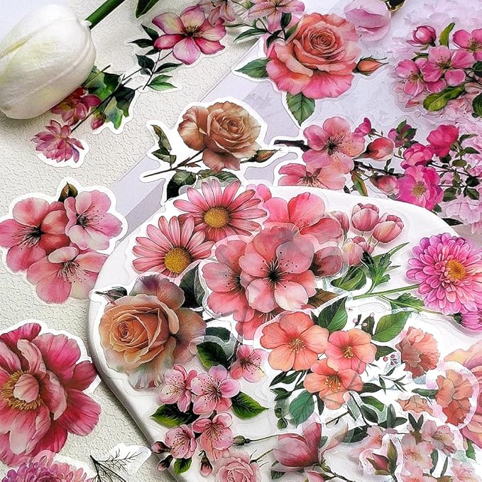 Pink Floral Waterproof Stickers for Scrapbooking – 50pcs Transparent Flower Decals for Journaling, Planner, Cardmaking, Laptops, Mug Decoration