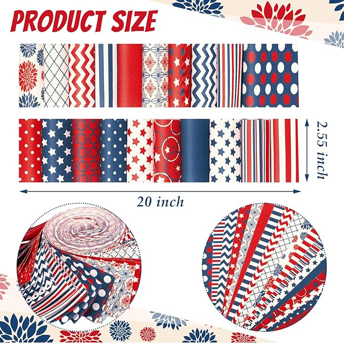 Ganeen 100 Pcs Patriotic Quilting Fabric Roll 2.56 Inch Retro 4th of July Fabric Squares Jelly Patchwork Precut Strips Bundles for Memorial Day Holiday Materials Craft DIY Sewing Cloths
