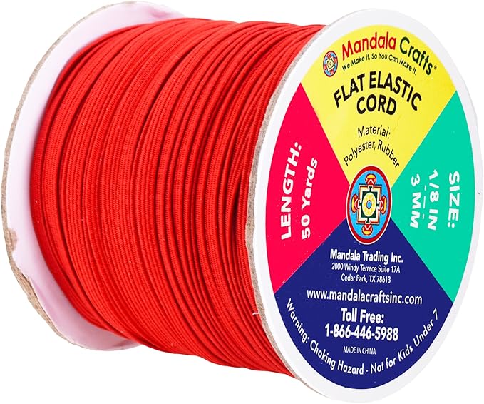 Mandala Crafts 3mm 50 Yds Roll of Red Elastic Bands for Sewing - 1/8 Flat Elastics Cord - 1 8 Inch Braided Stretch Straps for Crafting