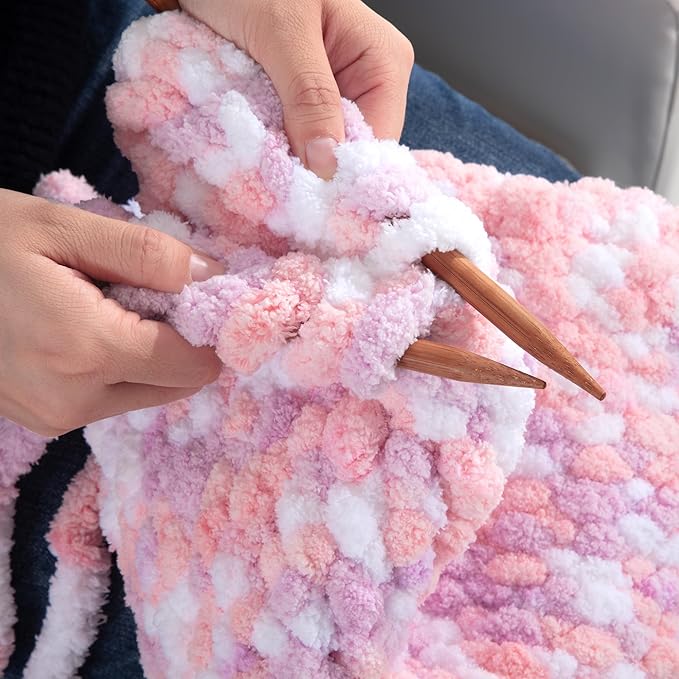 HOMBYS 12 Pack Giant Chunky Yarn for Crocheting & Knitting, Super Bulky Soft Fluffy Tie Dye Plush Fuzzy Mixed Color Thick Chenille Yarn (Pink, Purple)
