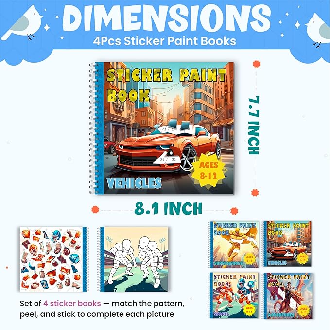 BulbaCraft 4Pcs Sticker Paint Books - Sticker Books by Number with Superheroes, Sports, Vehicles and Adventures - Coloring Activity