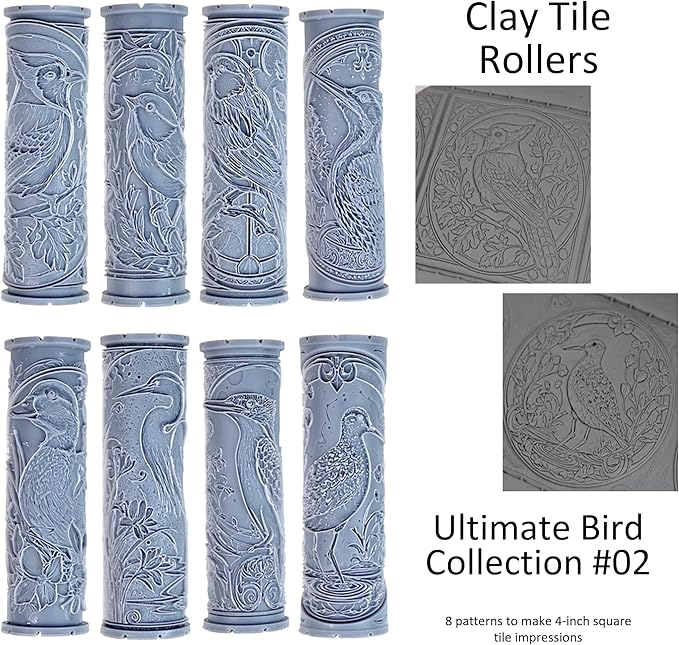 Ultimate Bird 8-Set Clay Texture Rollers (4") - Bird Set #02 - Embossing Pattern Rollers for Polymer & Ceramic Clay, Pottery & Crafts