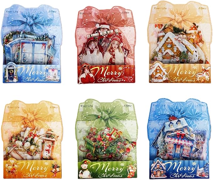 90 Pieces Christmas Aesthetic Stickers, Waterproof PET Winter Holiday Decals for Scrapbooking, Cards, Gift Wrapping, Planners, and Adult DIY Crafts (6 Packs)