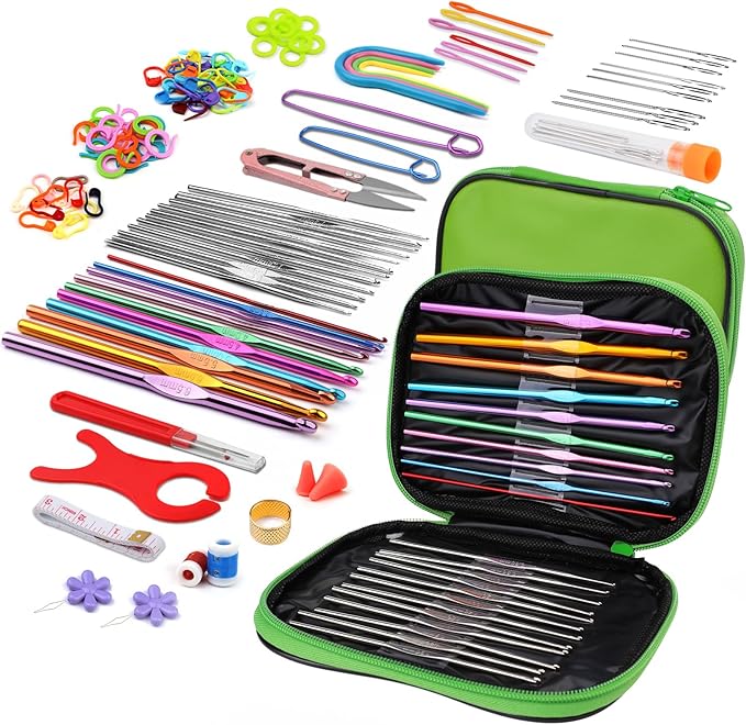 IMZAY 110 Pcs Crochet Hooks Set, Crochet Hooks Kit with Storage Case, Crochet Needles Set, Ergonomic Knitting Needles Stitch Marker DIY Hand Knitting Craft Art Tools for Beginners, Green