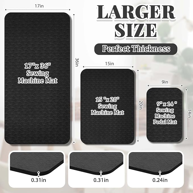 3 Pcs Sewing Machine Muffling Mat Pedal Mat Sewing Machine Pad No Slip Rubber Stay in Place Mats for Calms Vibration(Black,15 x 20 Inch,14 x 9 Inch,17 x 36 Inch)