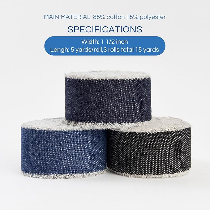 Dark Blue Denim Ribbon for Crafts Handmade Rustic Frayed Cotton Jean Fabric Ribbon for Flower Bouquet 15 Yards 1 1/2 Inch Cloth Ribbons for Gift Wrapping Hair Sewing Accessories Holiday Decor