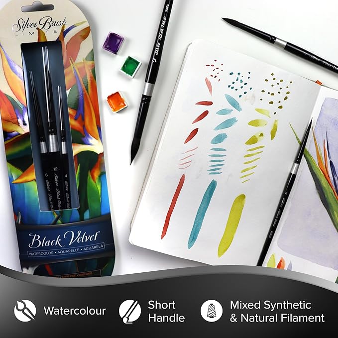 Silver Brush Limited 3000S-8 Black Velvet Round Paintbrush for Watercolor, Gouache, Inks, & Dyes, Size 8, Short Handle