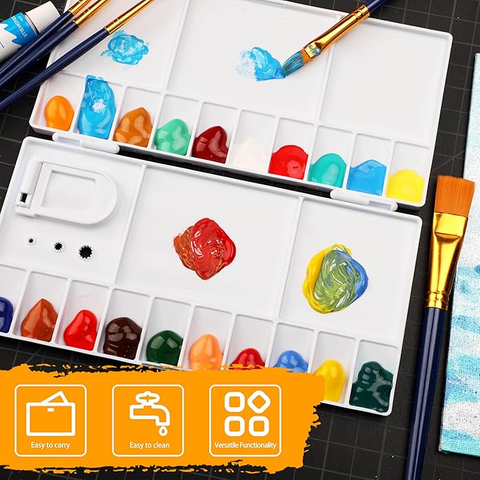 Watercolor Palette, Halobios Paint Palette with 20-Well and 5 Mixing Areas, Folding Paint Tray with Thumbhole and Paint Brush Holder, Plastic Painting Palette for Children Beginners Artists(1 Pack)