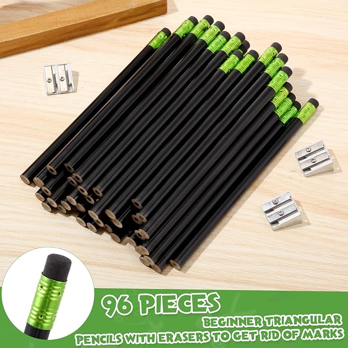 Fainne 102 Pcs Bulk Thick Jumbo Graphite Pencils Set 96 Fat Giant Large Pencils and 6 Sharpeners Enhanced Grip for Art Drafting Writing Drawing Office and Home Use(Black,Round)