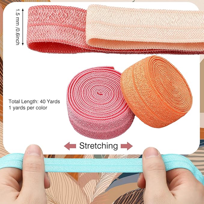 WILLBOND 40 Yards Fold over Elastic Solid Color Trim Elastic 40 Colors Ribbon Sewing Stretch Ribbon Band for Hair Bow DIY Craft Hair Ties Headbands (Morandi Color)