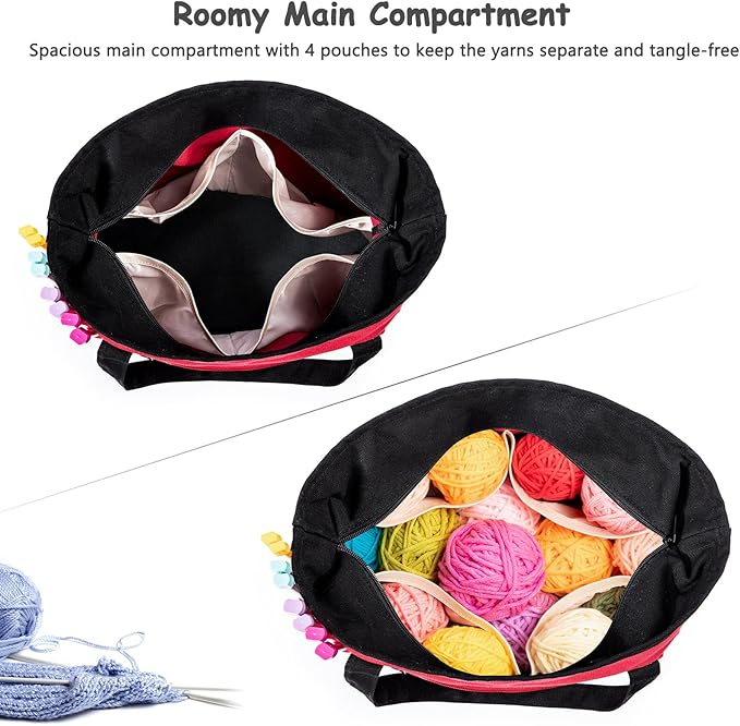 MYBAGZING Canvas Yarn Storage Organizer Bag Washable Crochet Bag with Pockets for Yarn, Hooks, Needles – Travel Knitting Tote for Crafters – Gift for Crocheters & Knitters (Medium/Large)