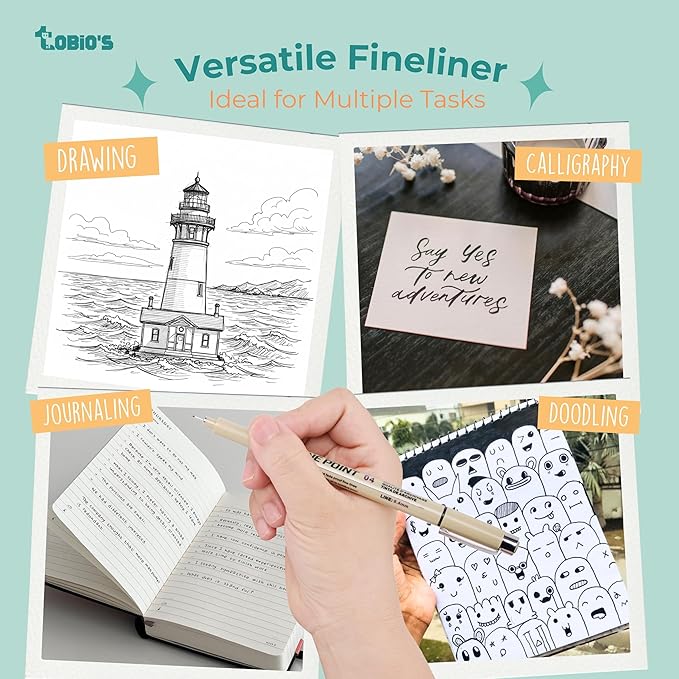 Original Tobios Fineliner Pen – Fine Tip Felt Pen for Art, Journaling & Watercolor Outlining – Smudge-Resistant, Travel-Ready Fine Line Marker for Drawing, Lettering, Sketching & Planner Detail Work