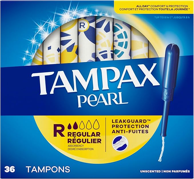 Tampax Pearl Tampons for Women, with LeakGuard Braid, Regular Absorbency, Unscented, 36 Count