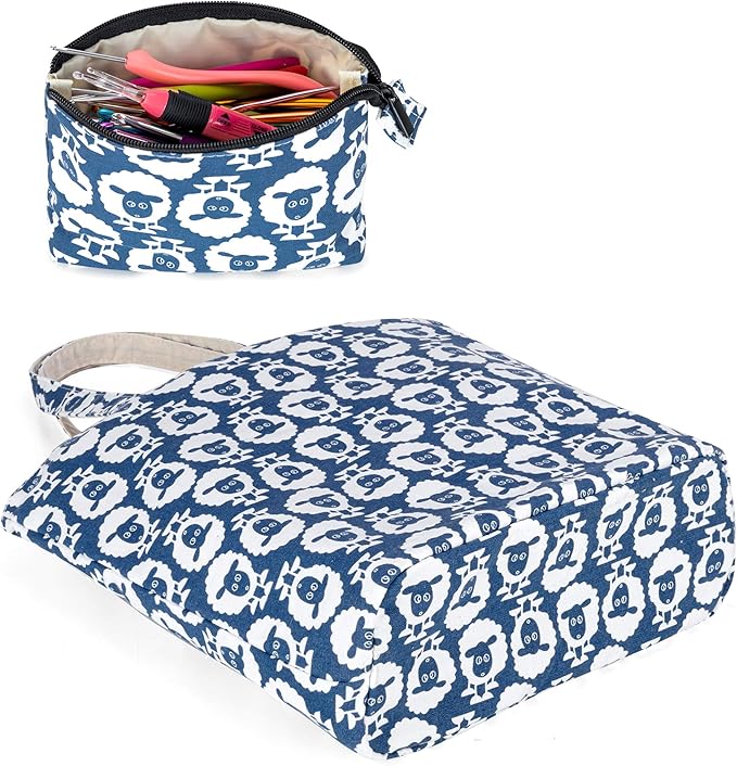 Yarwo Knitting Bag with Small Zipper Pouch, Yarn Tote for Knitting Needles, Skeins of Yarn and Crafts Supplies On the Go, Christmas & New Beginnings Gifts for Women, Sheep (Patented Design)