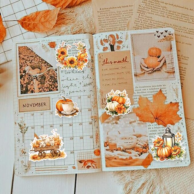 100 Pcs Thanksgiving Fall Stickers, Yellow Autumn Pumpkin Stickers for Teens Adults, Cottagecore Sticker Farm Sticker for Water Bottles Scrapbook Junk Journal Collage