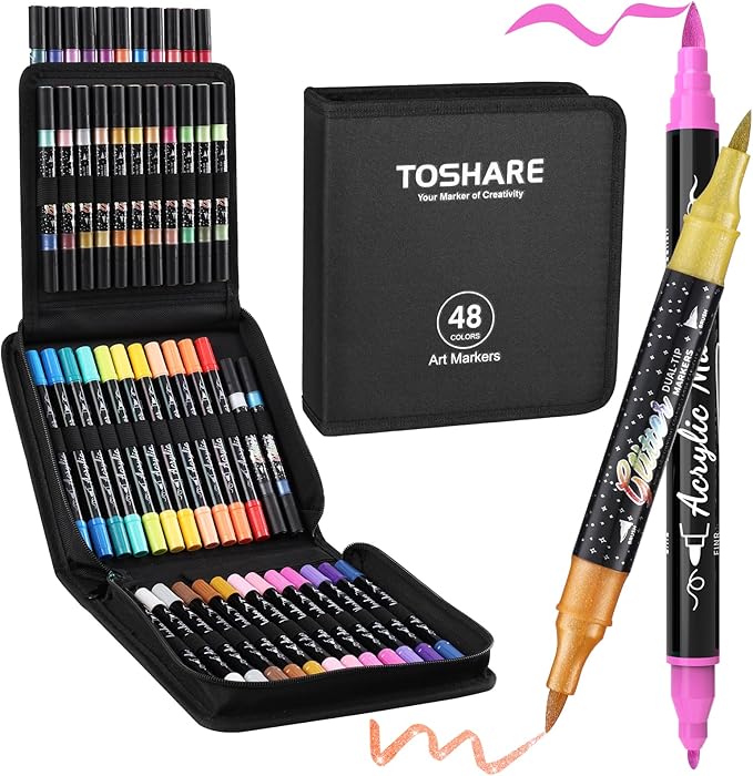 TOSAHRE 72 Colors 48 Pack Dual Tip Glitter Markers & Acrylic Marker Set Shimmer Glitter Marker 24 Pack(48 Colors)+Paint Pens 24 Pack Adult Coloring Marker for Chriatmas Gifts Art Crafts Party Supplies