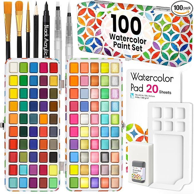 100 Watercolor Paint Set - Water Colors Paint for Kids, Adult, Beginners, Professional Artists | Watercolor Palette with Paper, Brushes, Pen | Travel Painting Kit, Art Supplies for Adults