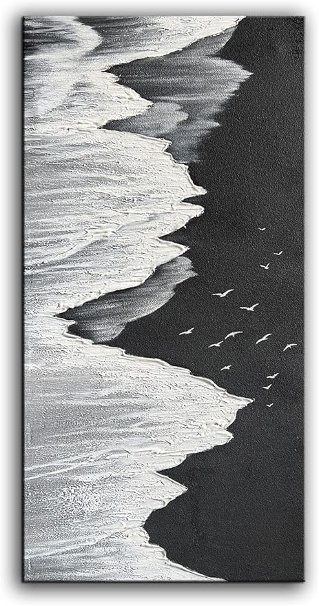 YaSheng Art - Oil Painting on Canvas Texture Black and White Ocean scenery sandbeach 3D Oil Painting Hand-Painted Abstract Artwork Paintings Modern Home Decor Living room sofa bedroom dining room hanging pictures Canvas Wall Art 24x48inch