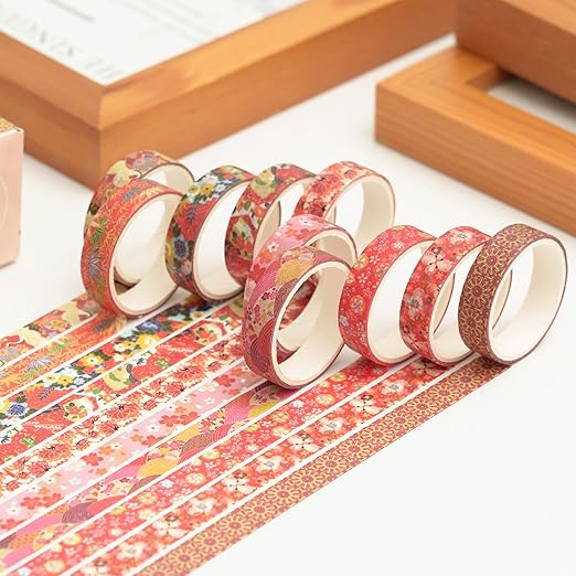 10 Rolls Ukiyo-e Style Washi Tape Set Japanese Kyoto Arts Adhesive Tapes Skinny Decorative Masking Tape Sets for Craft, Kids, Scrapbook, DIY, Gift Wrapping (Crimson Harmony)