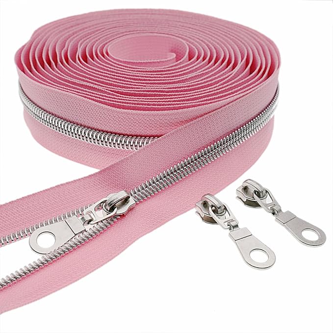 #5 Silver Metallic Nylon Coil Zippers by Yard Bulk Coil Zipper Roll 10 Yards with 25pcs Silver Pull for DIY Sewing Craft Bag(Pink) YIGUANXIN