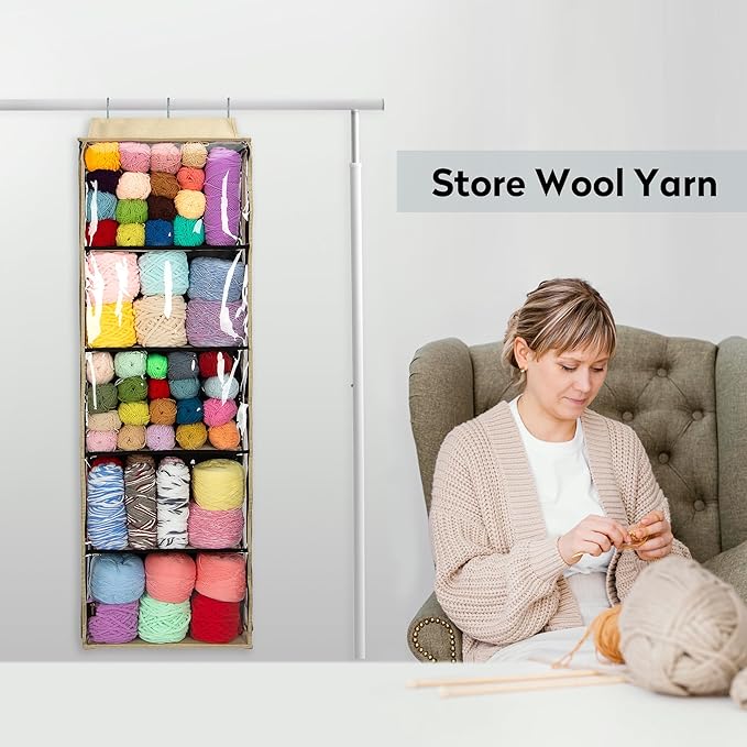 PACMAXI Hanging Yarn Storage Knitting Organizer Storage with 5 Compartments, Clear Wall Display Bulk Yarn Organizer for Knitting Needles, Crochet Hooks(Large Size) (linen)