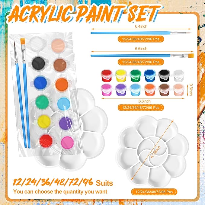Fulmoon 96 Set Mini Acrylic Paint Set for Kids Adults Washable Mini Painting Kit Arts Crafts Party Favors Filled Strips Brushes Palettes Bulk for Classroom Home Kit Supplies (Vivid Color)