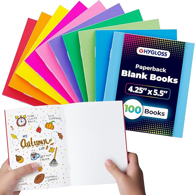 Hygloss Blank Books - Bulk 100 Pack – 4.25" x 5.5" A6 Assorted Colors – Paperback Blank Books for Kids to Write Stories, Doodle Art – Plain Drawing Sketchbook, Unlined Journal, Notebook Without Lines