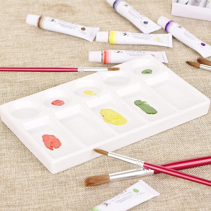 Ceramic Artist Paint Palette Tray - 10-Well Rectangular Shape Porcelain Leak Proof Painting Palette for Watercolor Gouache Painting Students or Art Studio