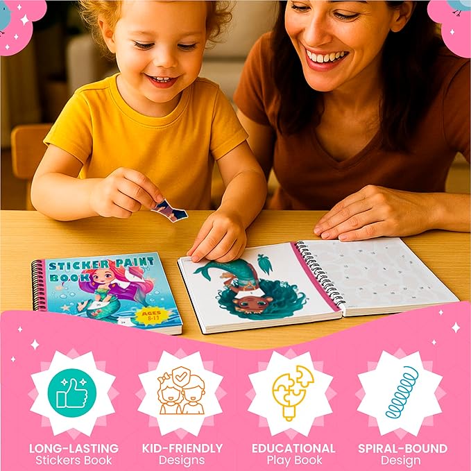 BulbaCraft 4Pcs Sticker Paint Books - Sticker Books by Number with Mermaids, Princesses, Animals and Horses - Coloring Activity