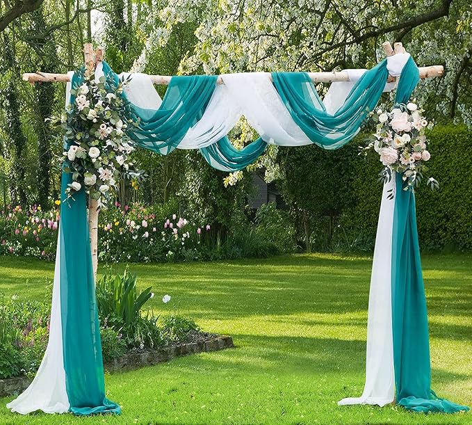 WARM HOME DESIGNS Wedding Arch Draping Fabric Bundle Has 2 288 Inch (24 Feet) Scarves in Teal & White Fabric Colors for Wedding Ceremony or Photoshoot Decoration. AD White & Teal 288”