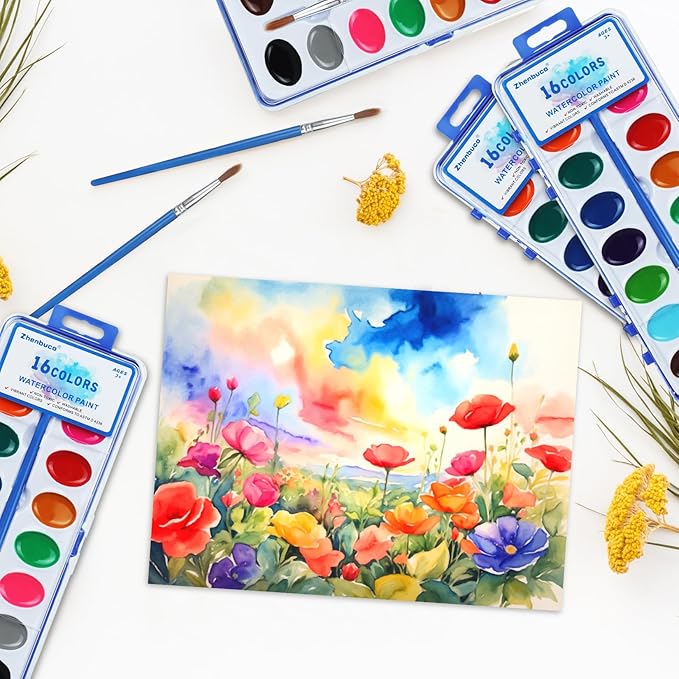 Watercolor Paint Set for Kids - Bulk Pack of 6, 16 Colors Washable Water Color Paints Sets with Paintbrush, Kids Watercolor Paint Set for Coloring, Art, Classrooms and Paint Supplies