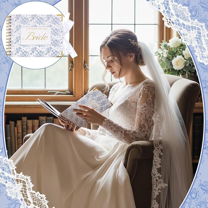 8.5 x 7 Inch Wedding Guest Book Letters to The Bride Scrapbook Wedding Memory Book Bridal DIY Blank Paper Scrapbook Photo Album Guest Sign with Pearl Stickers (157 Pcs,Blue Floral)