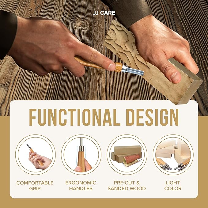 JJ CARE Wood Carving Kit [8 SK7 Carving Knives with Beechwood Handle, 10 Basswood Carving Blocks, and 1 Grinding Stone] - Beginner Wood Carving Kit, Wood Carving Tools Set, Wood Carving Set for Kids