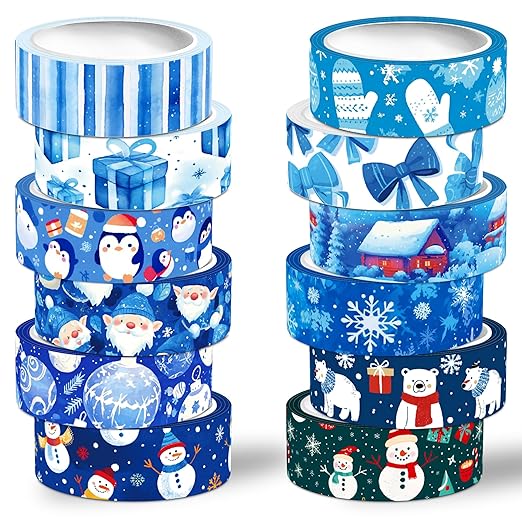 Winter Washi Tape Set,12 Rolls Blue Snowman Holiday Decorative Tape Xmas Ball Gnome Penguin Gift Masking Tape for Journaling Supplies, Journal, Scrapbooking, DIY Arts & Crafts, Gift Wrapping