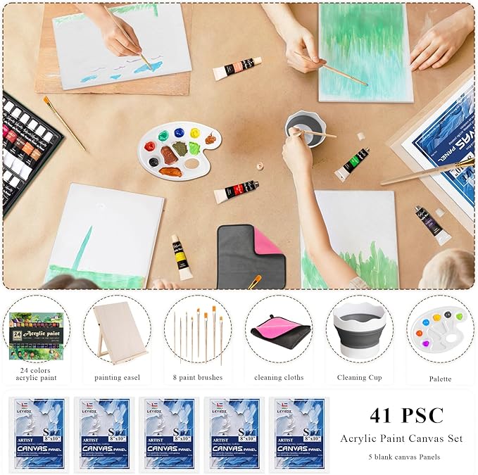 LEYEDZ Acrylic Paint Set for Kids & Adults, 41 PCS Paint Kit, Art Painting Supplies Kit with 24 Acrylic Paints, 8 Paint Brushes, 5 Canvas Panels